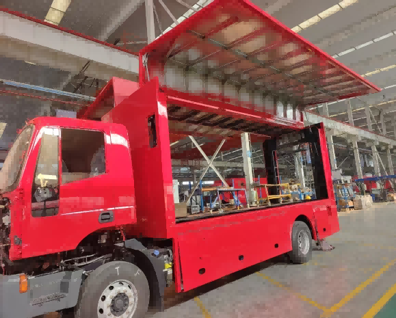 Carrozzeria per camion a secco con apertura alare espandibile con un solo pulsante